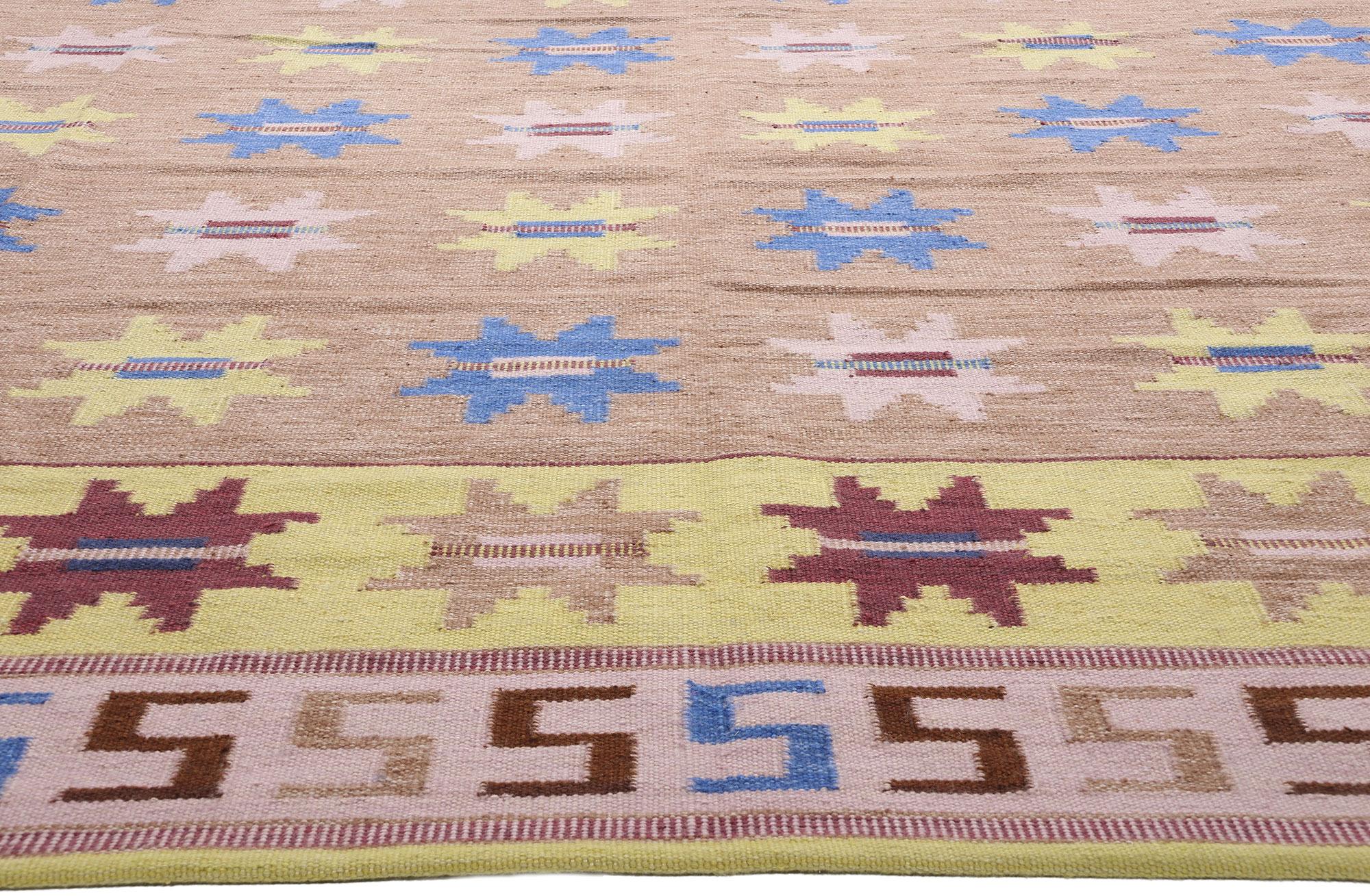 31338 New Scandinavian Modern Swedish Inspired Kilim Rug, 12'02 x 17'11. A masterpiece of modern artistry, this handwoven wool Swedish-inspired kilim rug is a tailor-made celebration of Scandinavian design—timeless in spirit, yet extraordinary in