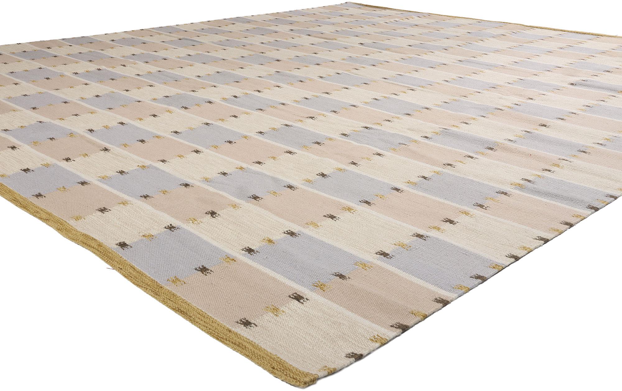31336 New Scandinavian Modern Swedish Inspired Kilim Rug, 11'09 x 13'07. This enchanting handwoven wool Swedish-inspired kilim rug beautifully merges Scandinavian Modern aesthetics with Minimalist Cubism, creating a stunning piece that is both