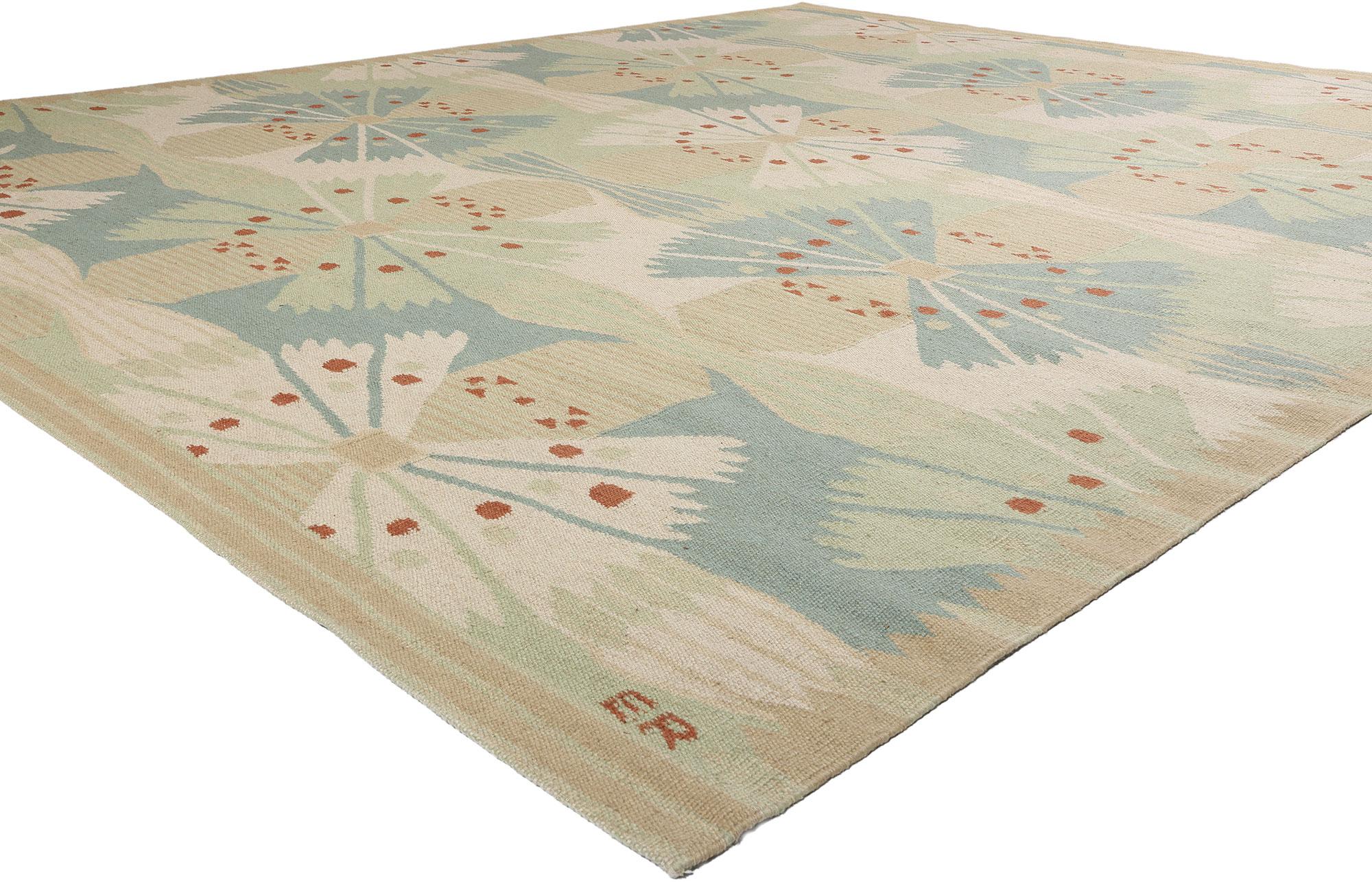 31101 New Scandinavian Modern Swedish Inspired Kilim Rug, 12'04 x 14'08. Scandinavian Modern Swedish-Inspired kilim rugs, skillfully crafted in India, artfully blend minimalist Scandinavian design with traditional Indian craftsmanship. These