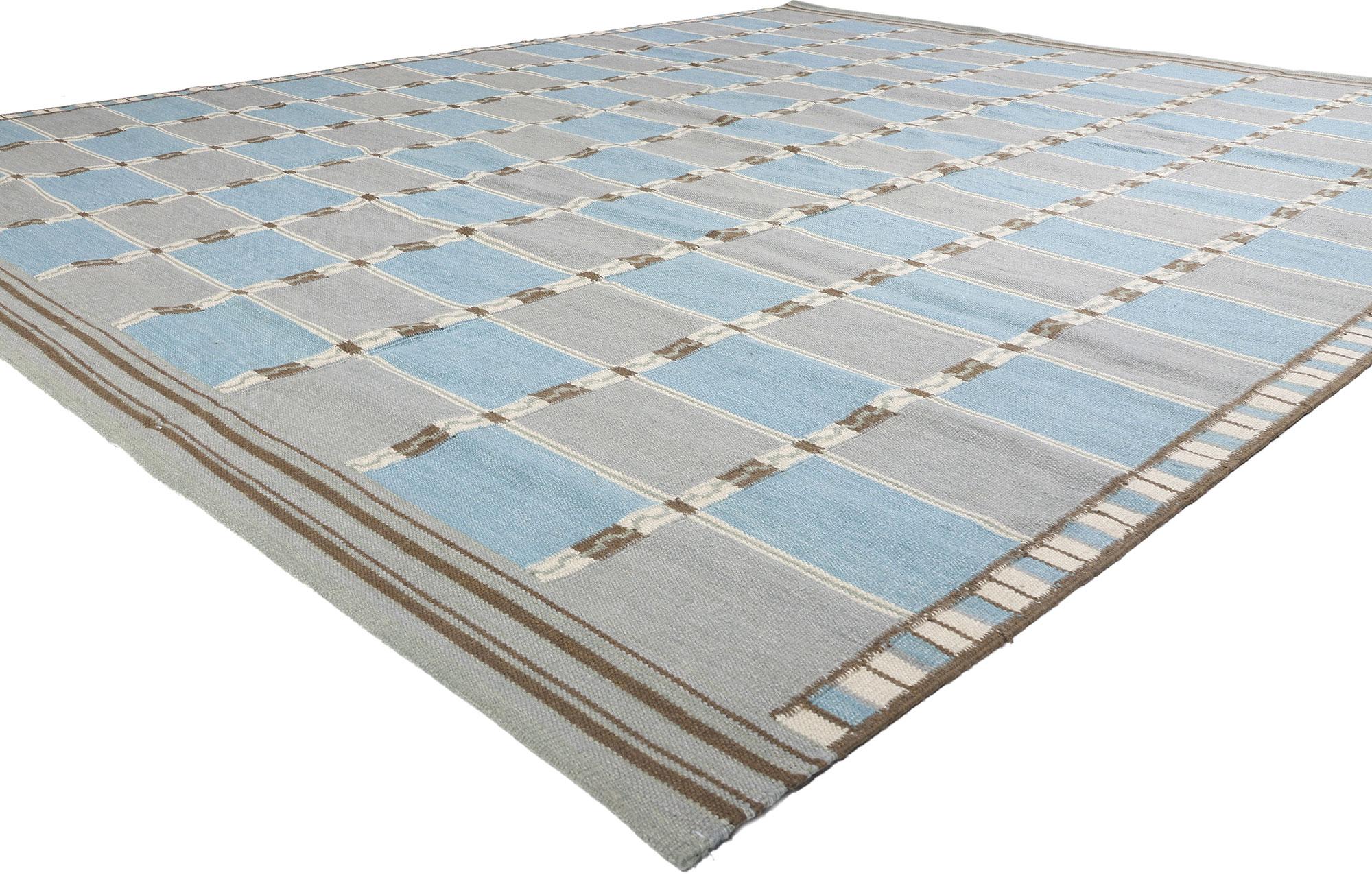 30938 New Scandinavian Modern Swedish Inspired Kilim Rug, 12'04 x 14'10. A masterpiece of subtle sophistication, this handwoven wool kilim rug pays tailor-made tribute to the classic and enduring allure of Nordic design. Echoing the exceptional