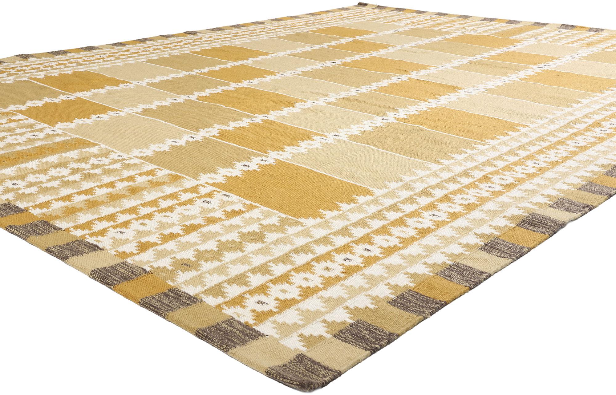 31340 New Scandinavian Modern Swedish Inspired Kilim Rug, 10'02 x 13'00. This handwoven wool Swedish-inspired Indian kilim rug captures the essence of Scandinavian Modern design while introducing a fresh and innovative interpretation. Its clean