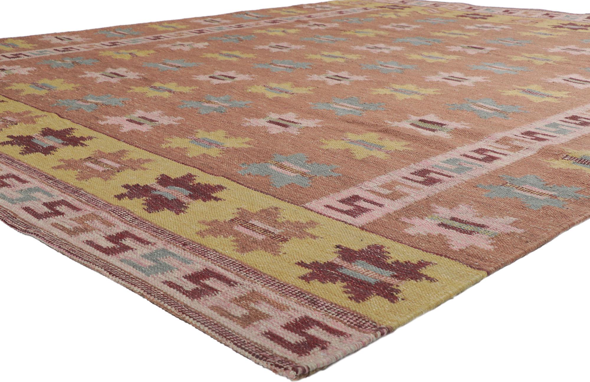 30679 New Scandinavian Swedish style Kilim rug Inspired by Marta Maas-Fjetterstrom 08'11 x 11'02. With its simplicity, geometric design and soft colors, this hand-woven wool Swedish inspired Kilim rug is a vision of woven beauty. The abrashed rust