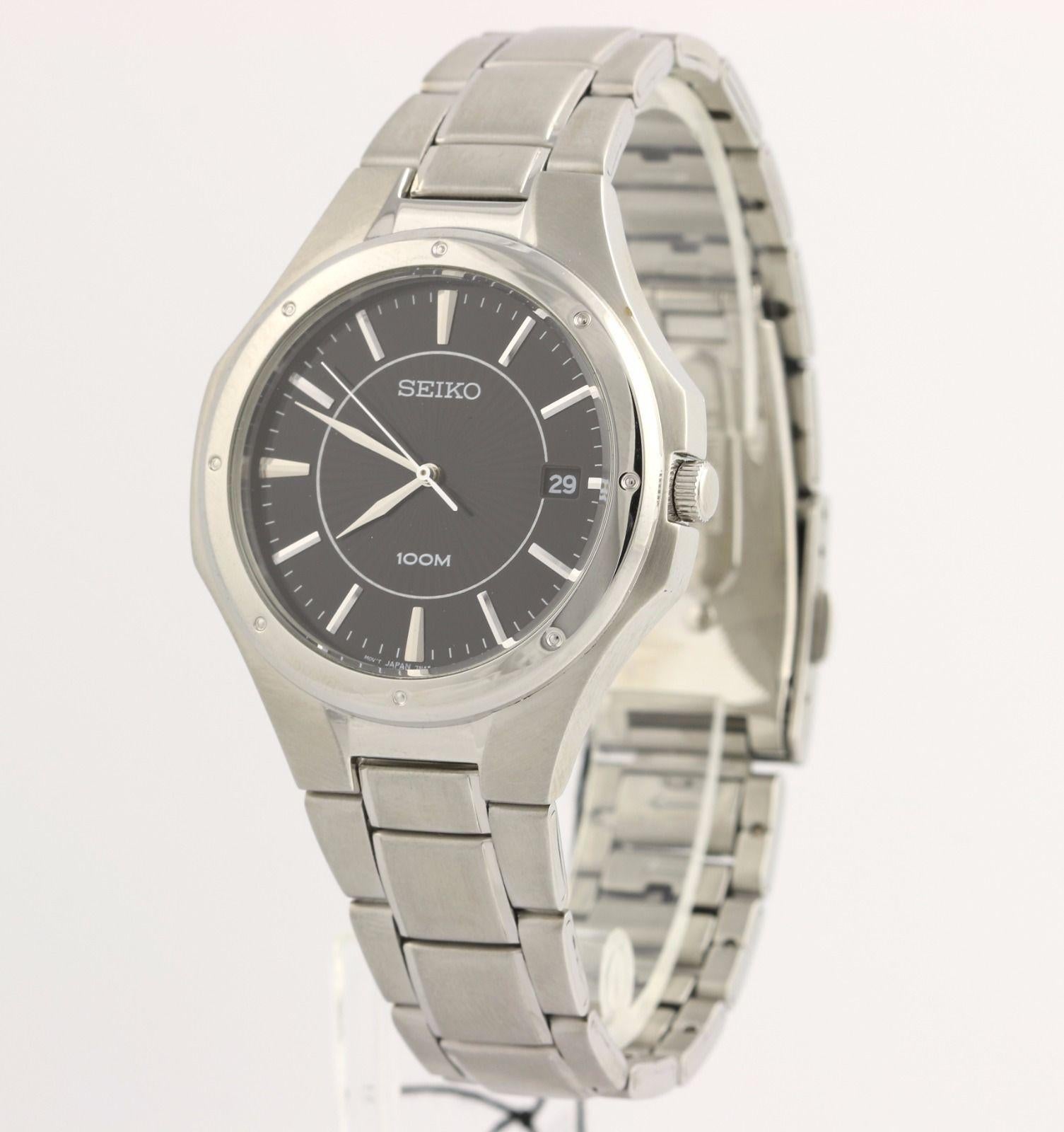 This handsome watch is sure to please! Designed by Seiko, this brand new SGEF61 dress watch is one that will work for any occasion. The stainless steel body features a large, easily visible face. The striking black dial creates an ideal background