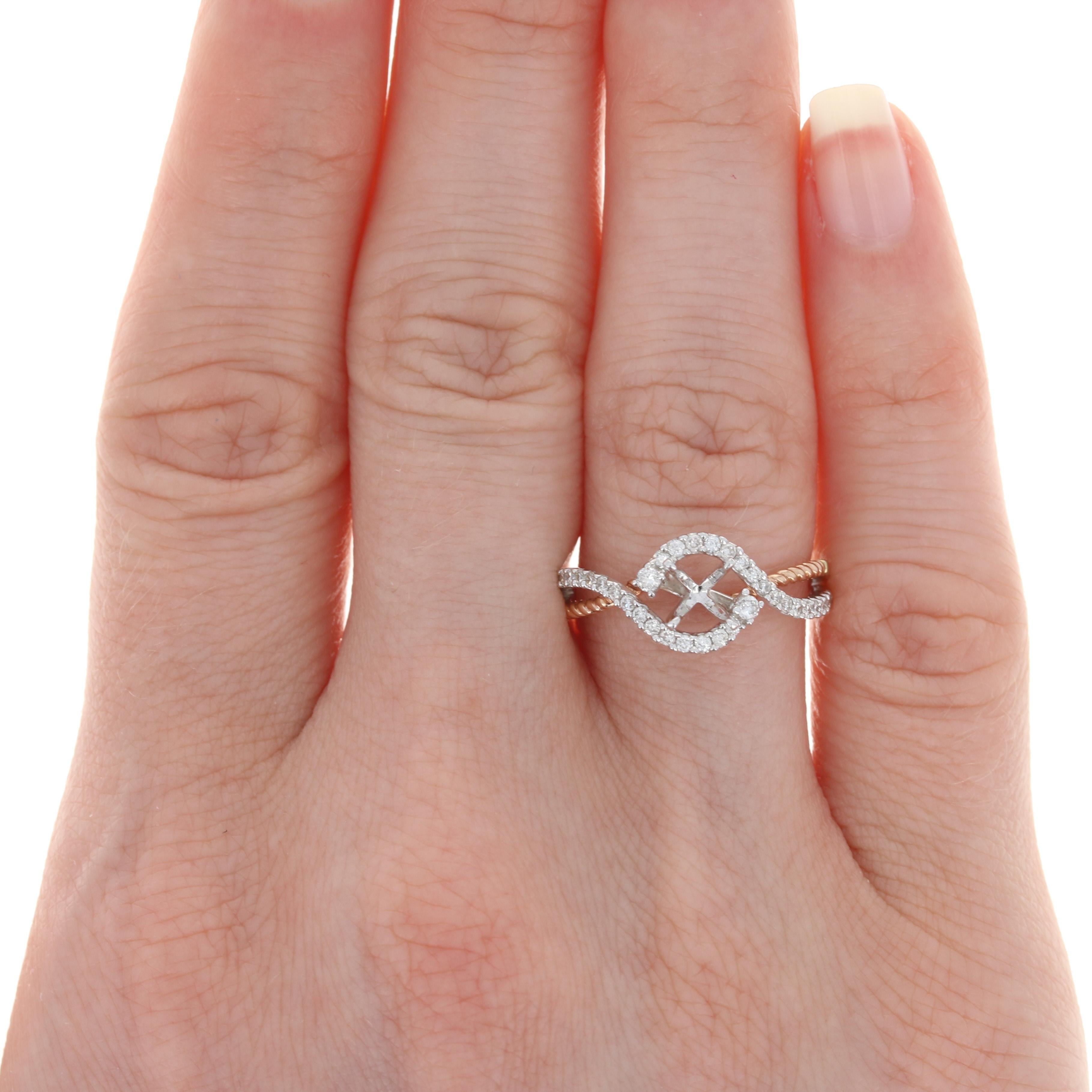 Updating your wedding set is a great way to commemorate a milestone anniversary! This NEW set is fashioned in two types of 14k gold and features a semi-mount for a diamond or gemstone measuring approximately 5mm across the center. Diamond accents