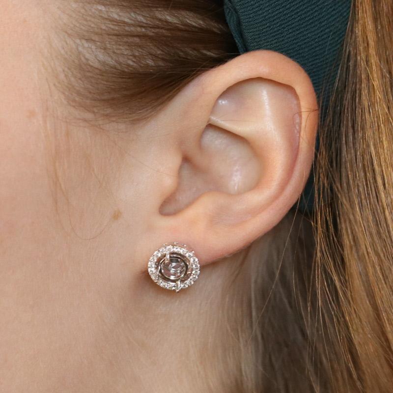 Round Cut Semi-Mount Halo Earrings, 14 Karat Gold Pierced Studs Diamond Accents .63 Carat