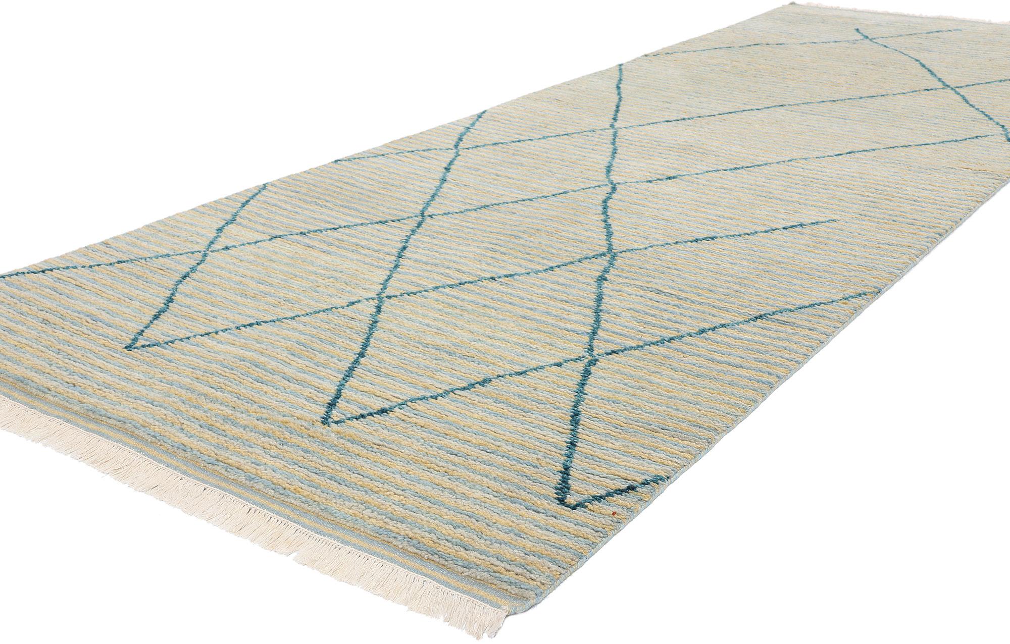 31311 New Serene Strands Modern Moroccan Rug, 04'03 x 12'02. A poetic fusion of heritage and high design, the Serene Strands Modern Moroccan Rug Runner is not merely a furnishing—it is a journey into quiet opulence. Hand-knotted in India using fine