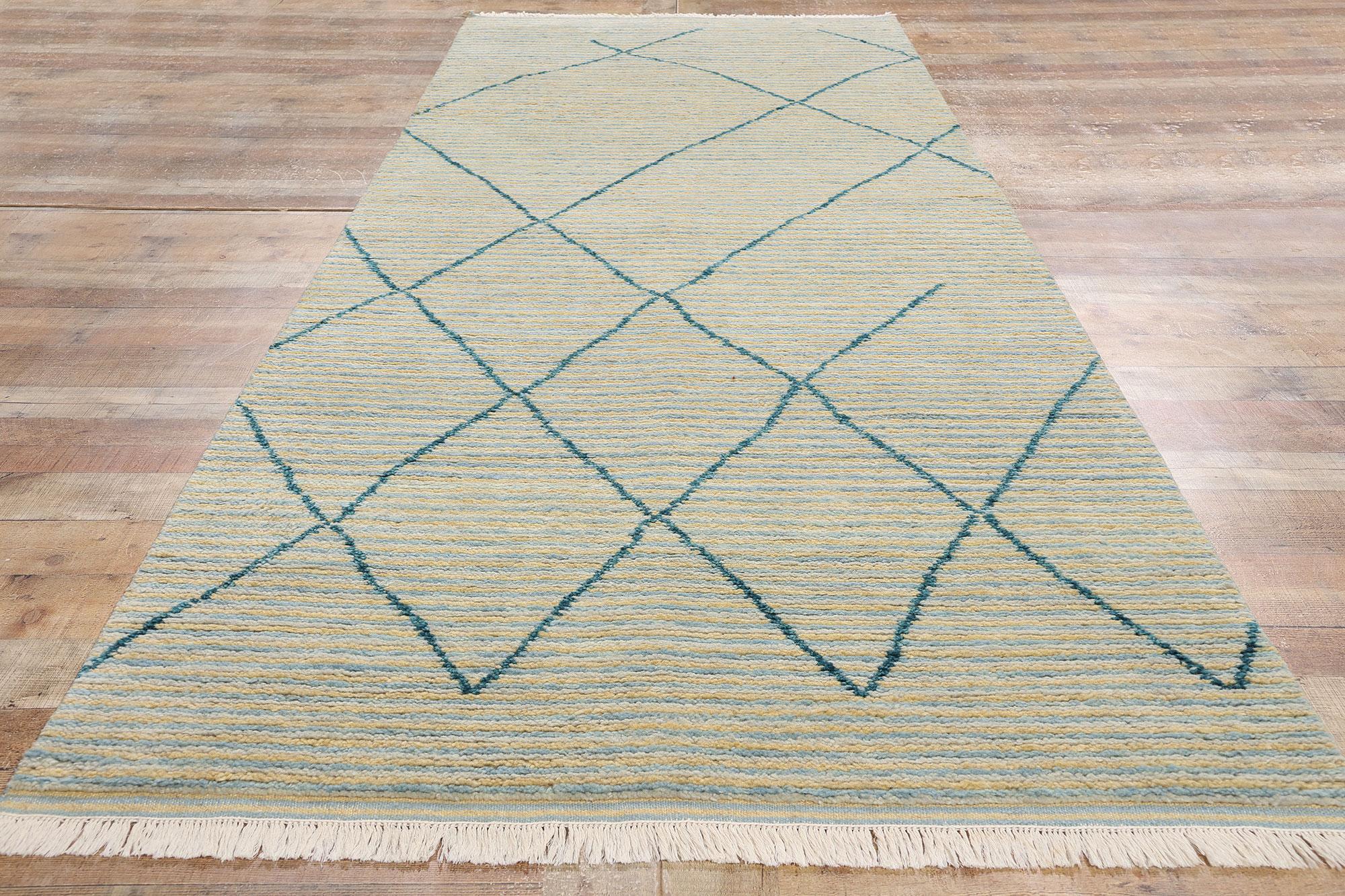 Wool New Serene Strands Modern Moroccan Carpet Runner, 04'03 x 12'02 For Sale
