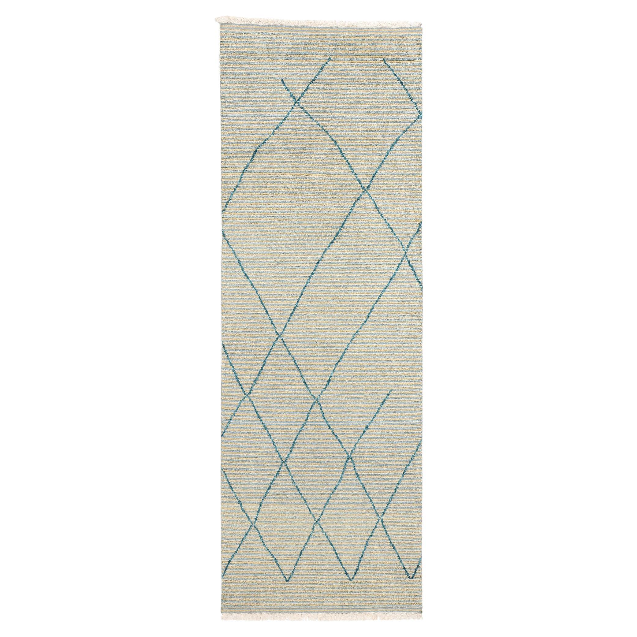 New Serene Strands Modern Moroccan Carpet Runner, 04'03 x 12'02 For Sale