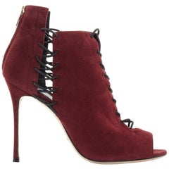 new SERGIO ROSSI burgundy red suede lace detail peep toe heel ankle bootie EU39