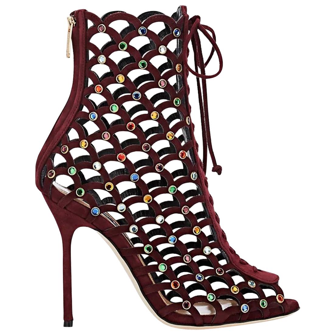 New Sergio Rossi Multicolor Crystal-Embellished Suede Ankle Boots Booties 39.5 For Sale