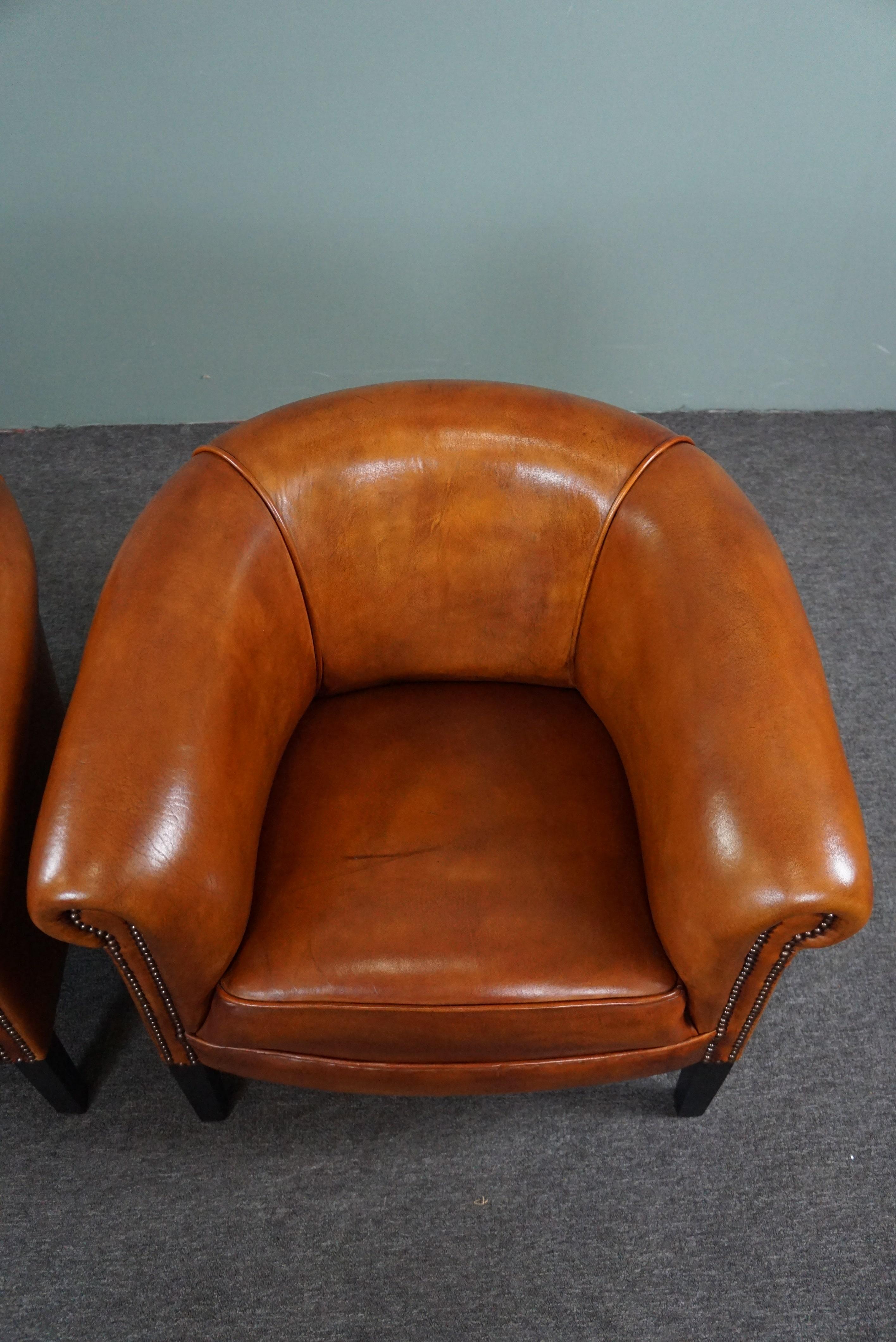 Contemporary New set of 2 subtle sheep leather club chairs For Sale