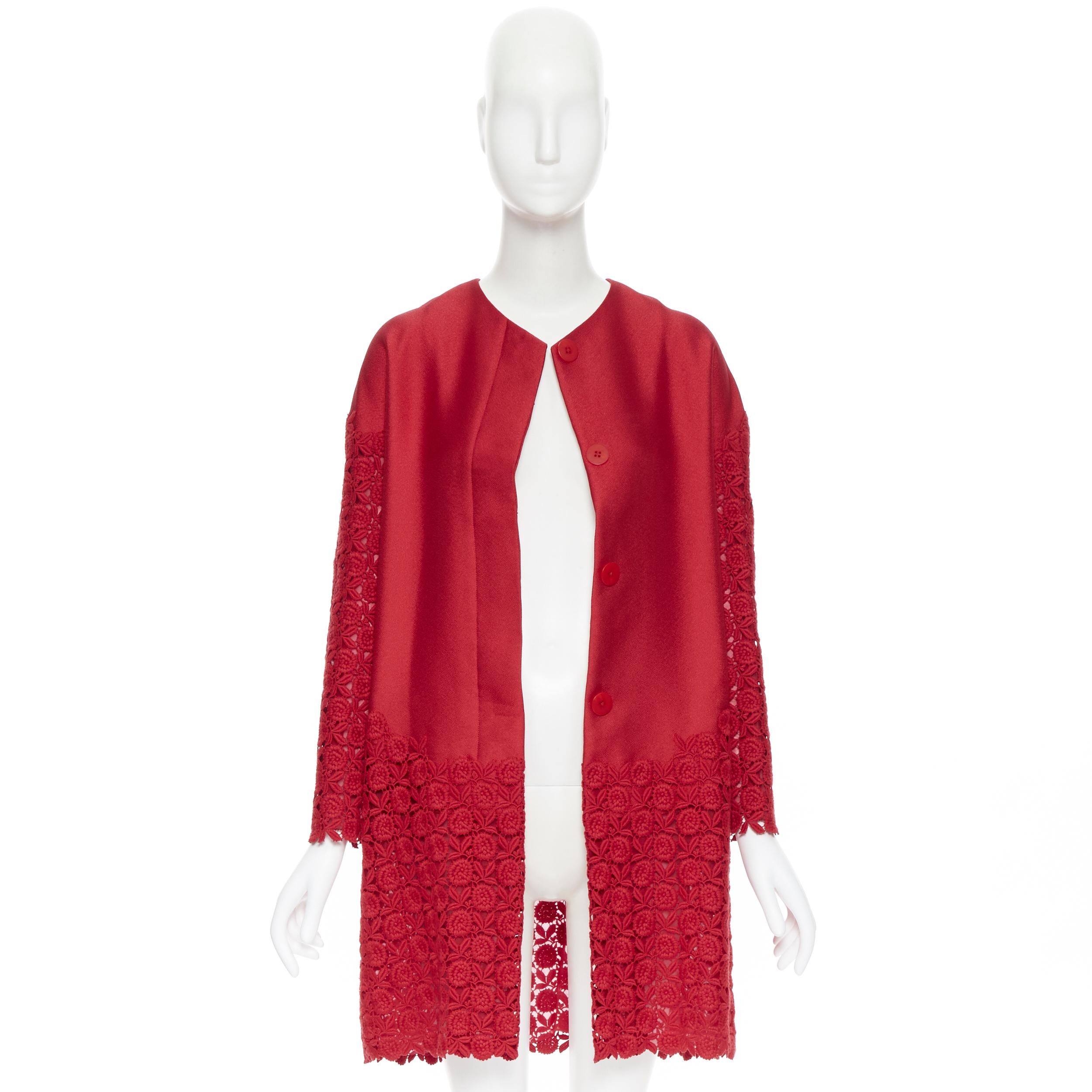 Red new SHIATZY CHEN red silk crepe floral embroidered lace sleeve cocoon coat FR36