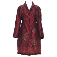 new SHIATZY CHEN red silk jade embroidered oriental floral fur trim coat FR40