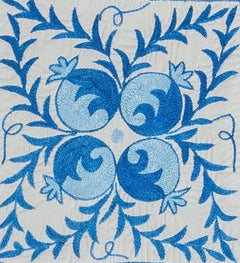 New Silk Hand Embroidery Suzani Textile Cushion Cover in Cream & Blue
