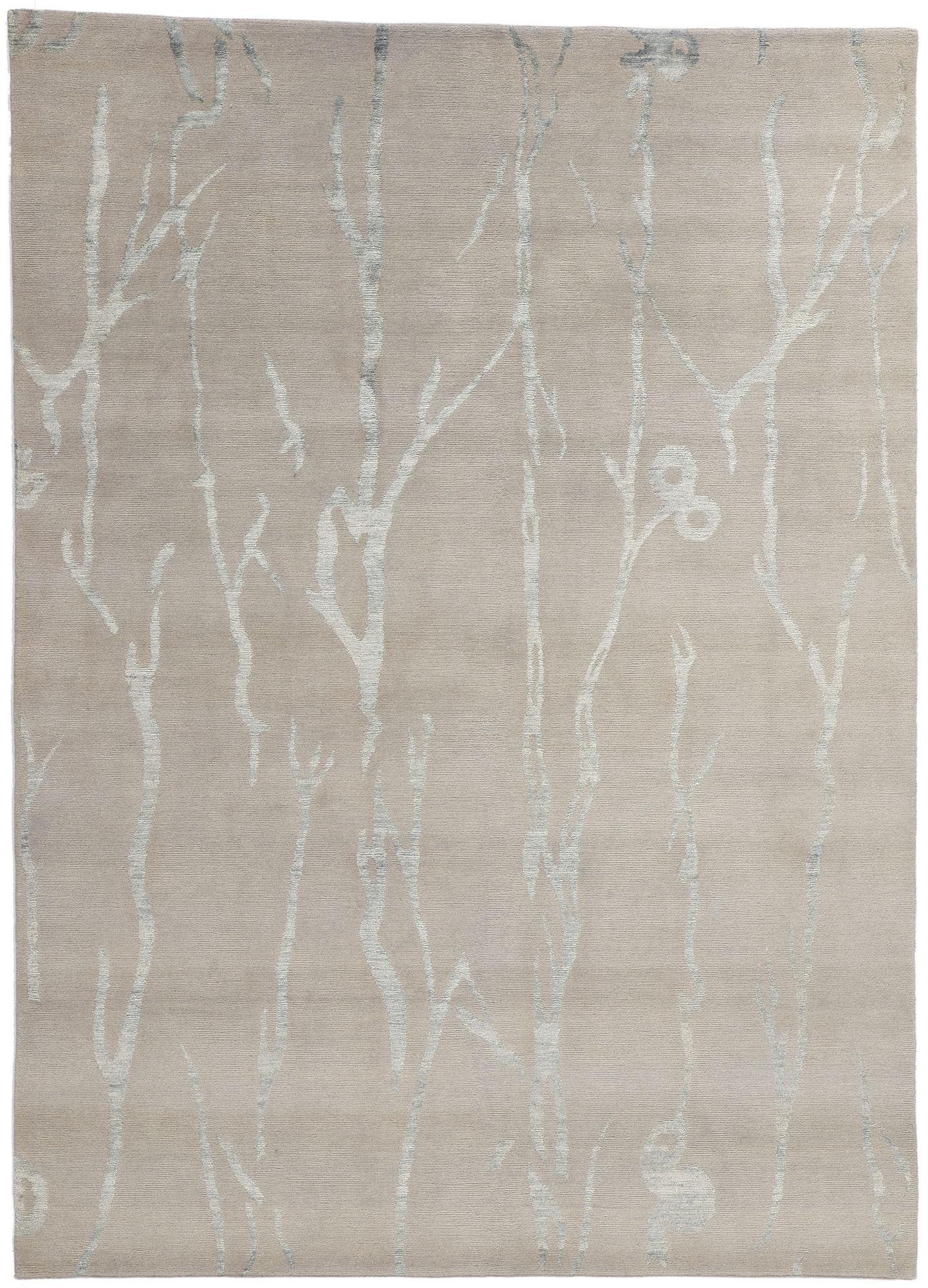 Nueva Alfombra Japandi Gris Plata Contemporánea Biofílica de Lana y Seda