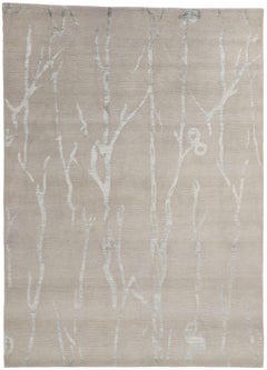 Nueva Alfombra Japandi Gris Plata Contemporánea Biofílica de Lana y Seda