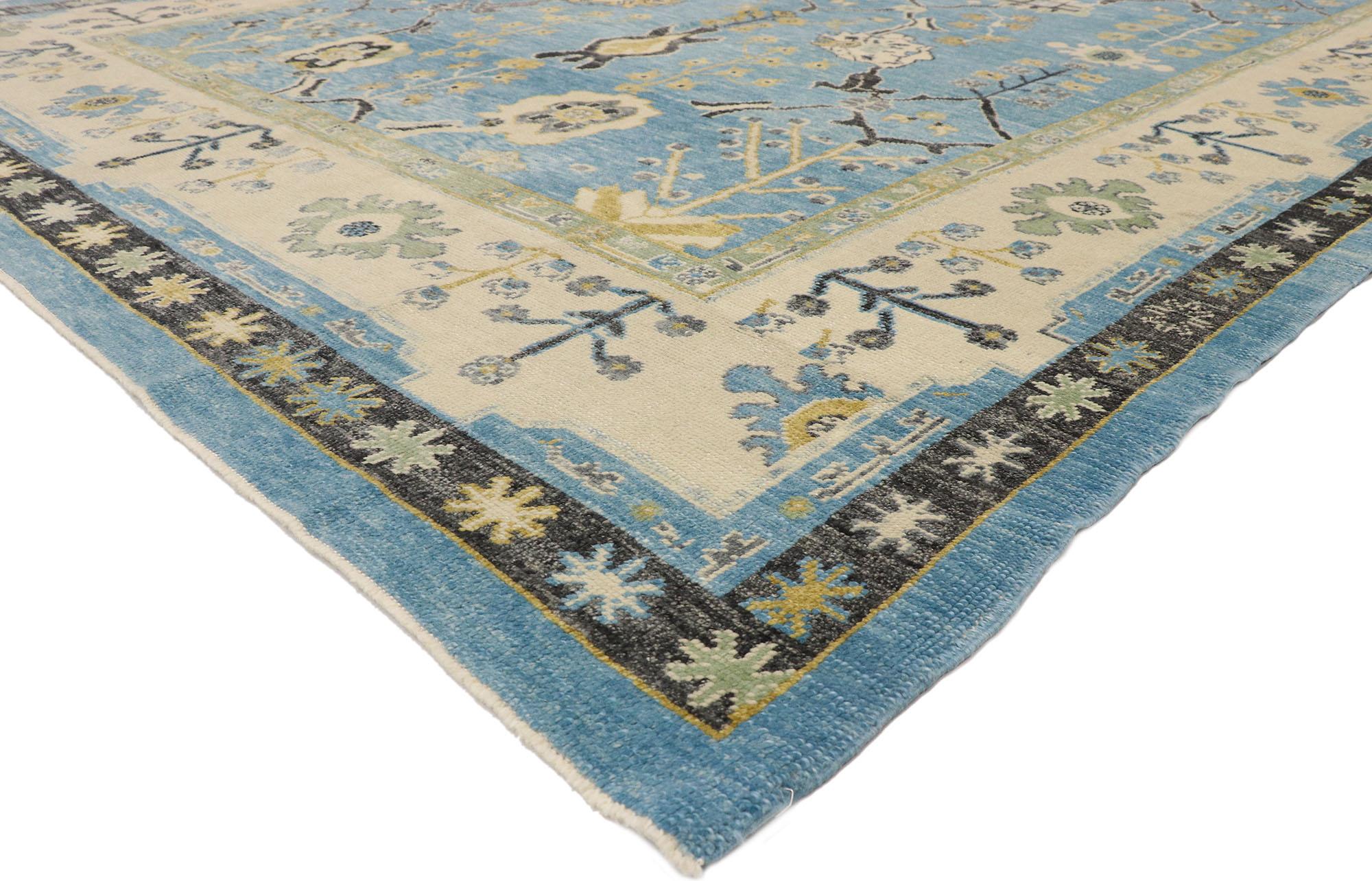52785, New Sky Blue Contemporary Turkish Oushak Rug with Modern Coastal Style. Blending elements from the modern world with vibrant colors, this hand knotted wool contemporary Turkish Oushak rug will boost the coziness factor in nearly any space.