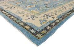 New Sky Blue Contemporary Turkish Oushak Rug with Modern Coastal Style