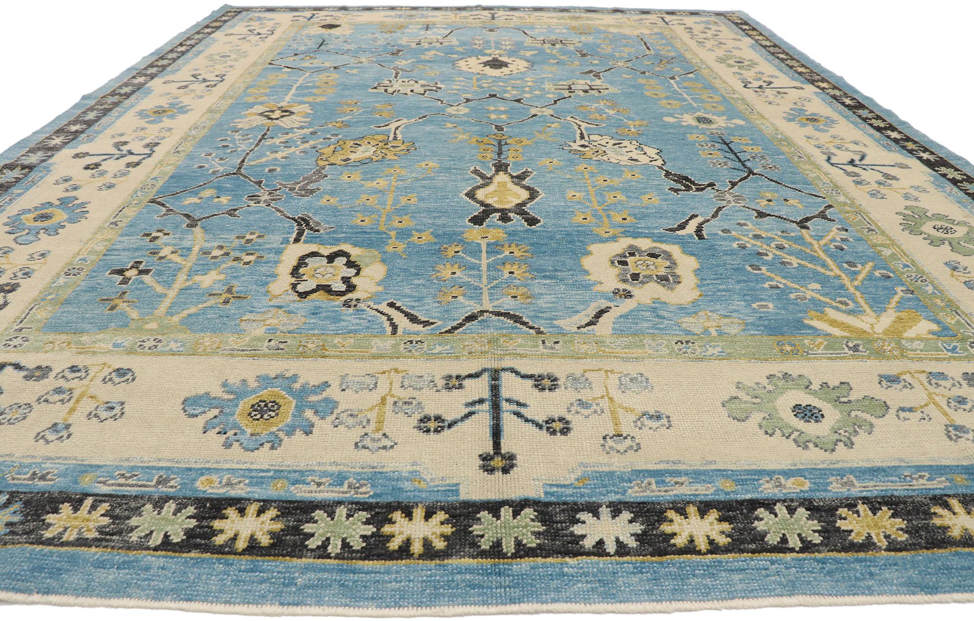Hand-Knotted New Sky Blue Contemporary Turkish Oushak Rug with Modern Coastal Style For Sale