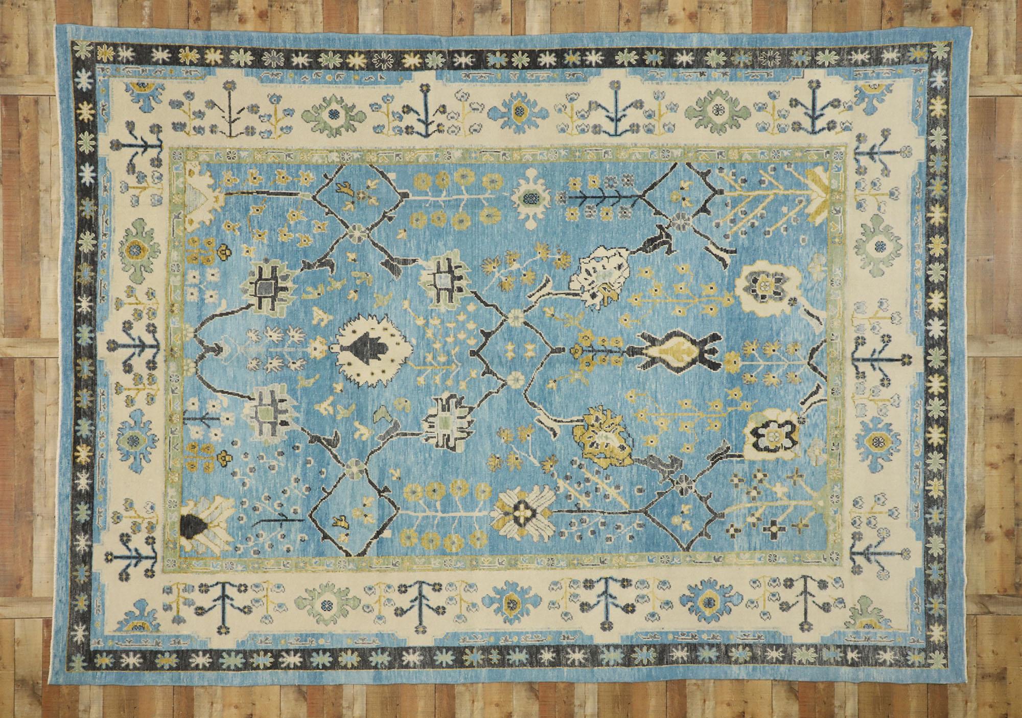 New Sky Blue Contemporary Turkish Oushak Rug with Modern Coastal Style For Sale 3