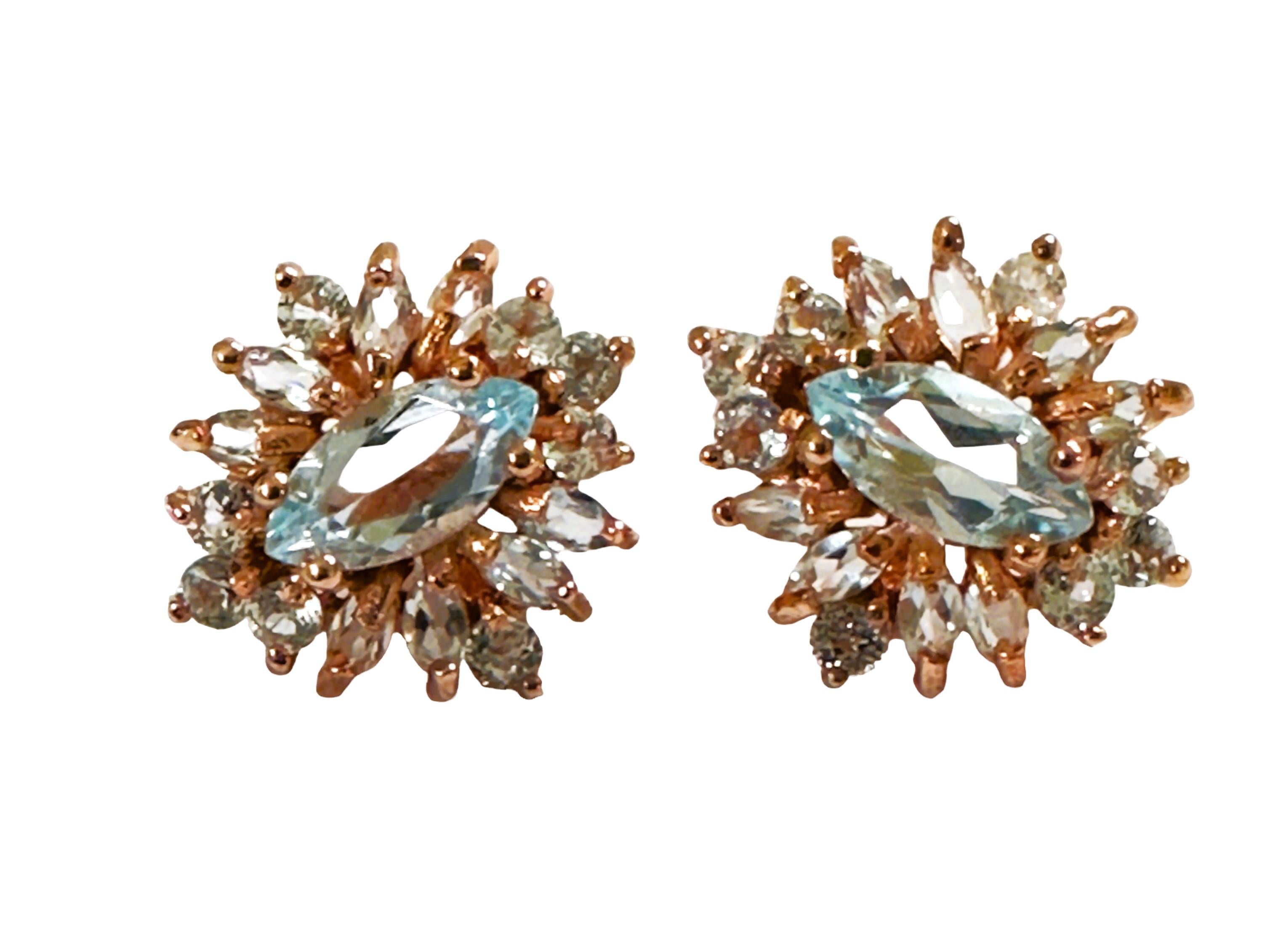 What beautiful colors in these earrings!  They are just dazzling. They are marquise and round cut stones.  The center stones measure 10 x 5 mm I would say each earring is approximately 2 carats. The earrings themselves are 18 mm long and 16 mm wide.