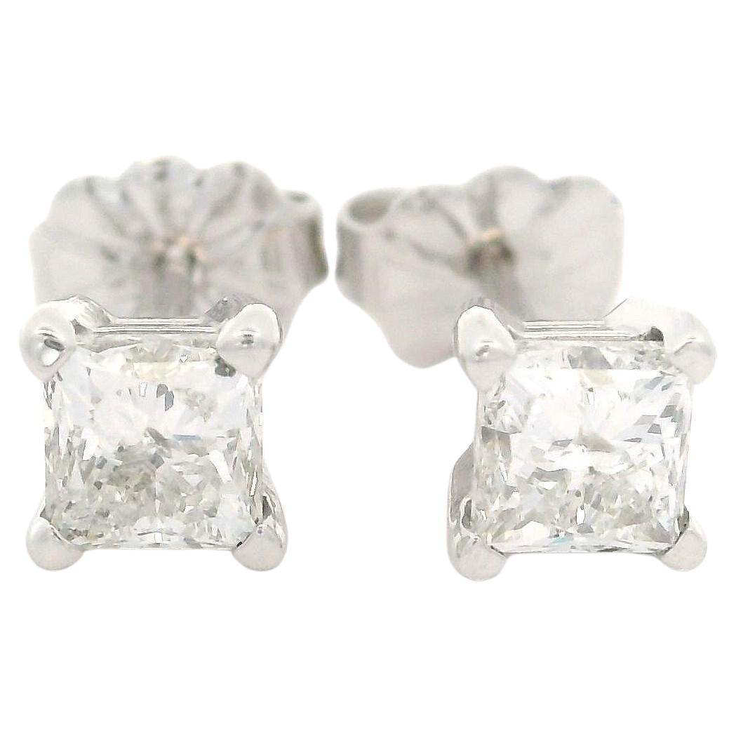 New Solid 14k White Gold 0.80ctw Princess Cut Diamond Classic Stud Earrings