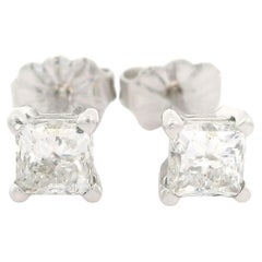 New Solid 14k White Gold 0.80ctw Princess Cut Diamond Classic Stud Earrings