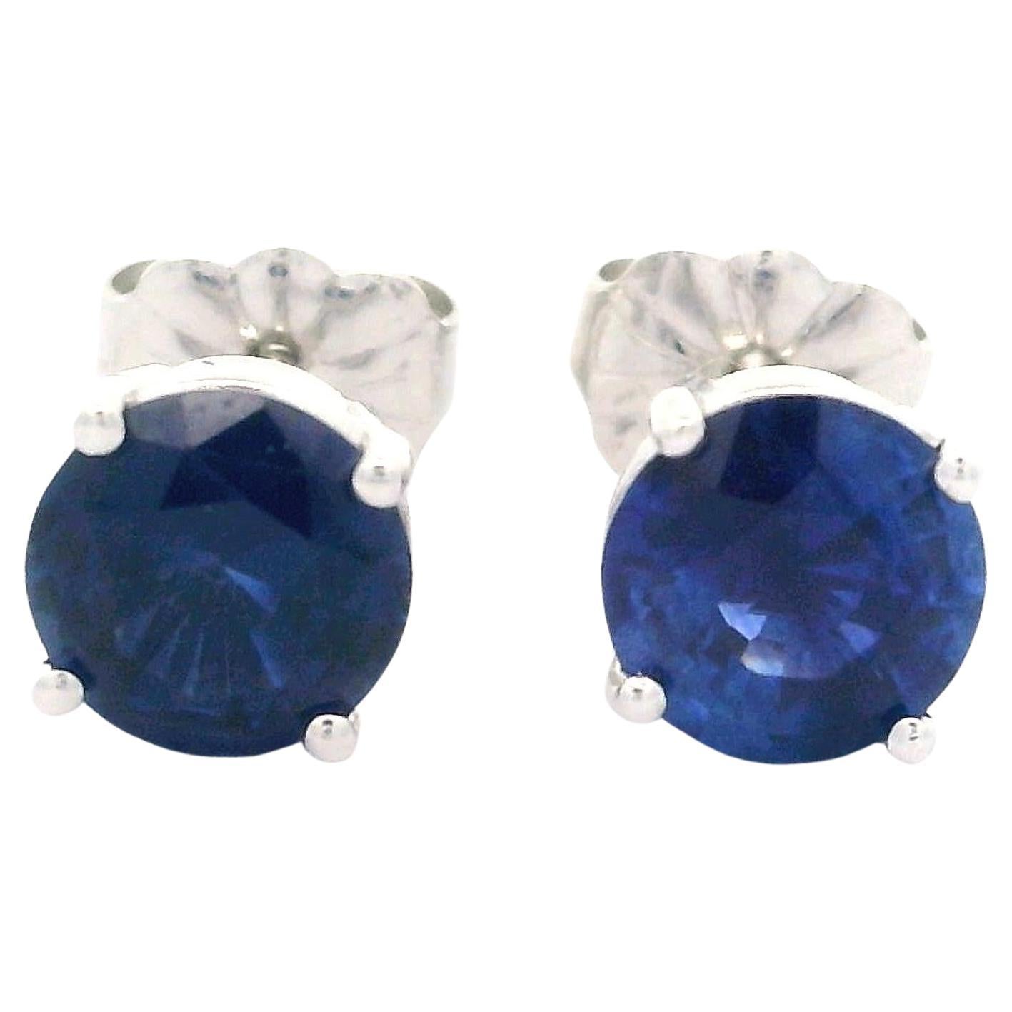 New Solid 14k White Gold 1.80ctw Royal Blue Sapphire Classic Stud Earrings