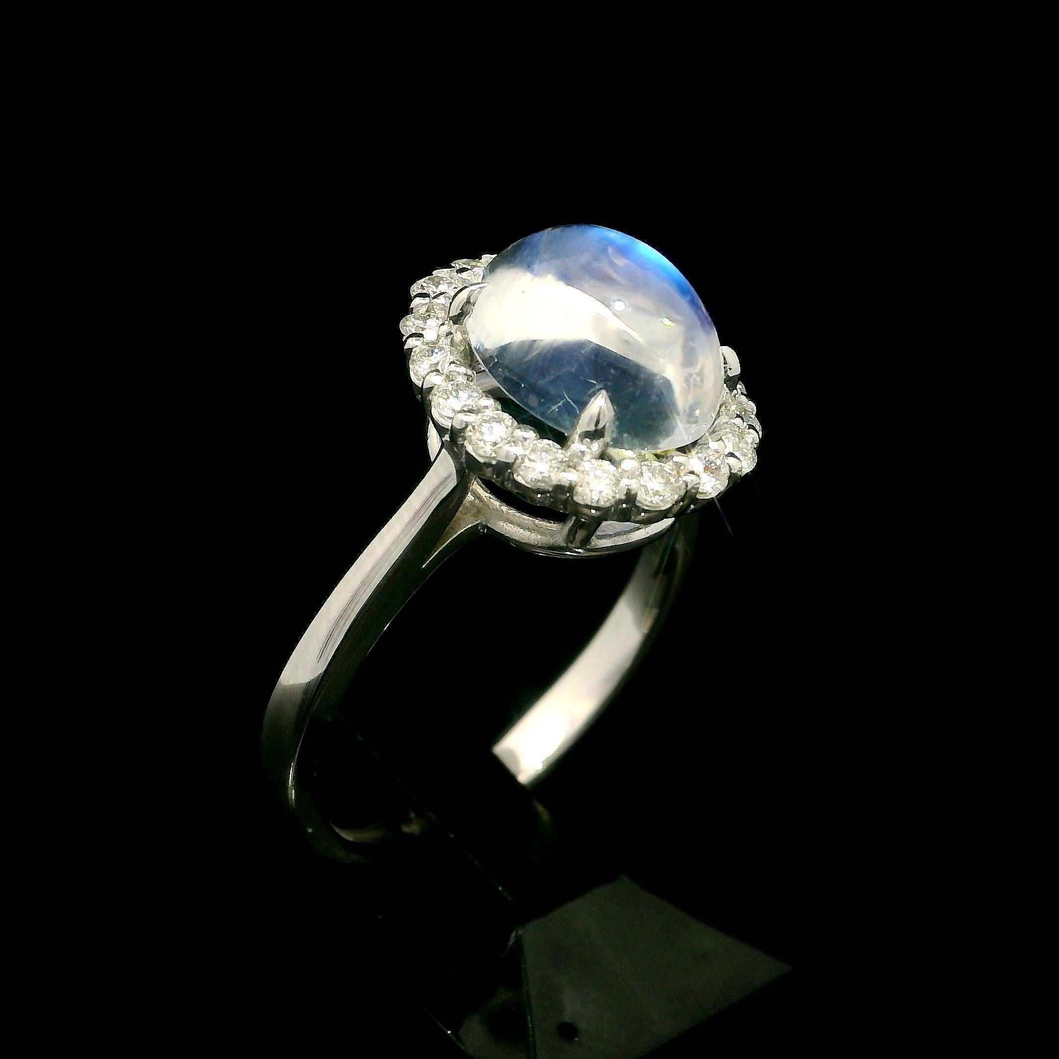 Neue solide 14k Weißgold 3,1ctw Oval Blau Mondstein Diamant Halo Ring im Angebot 5