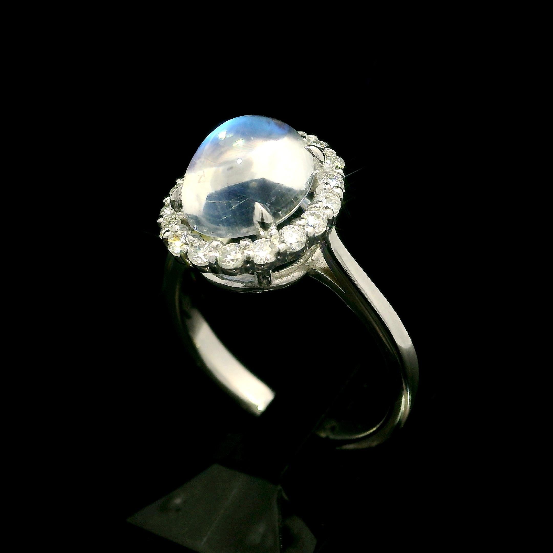 Neue solide 14k Weißgold 3,1ctw Oval Blau Mondstein Diamant Halo Ring im Angebot 6