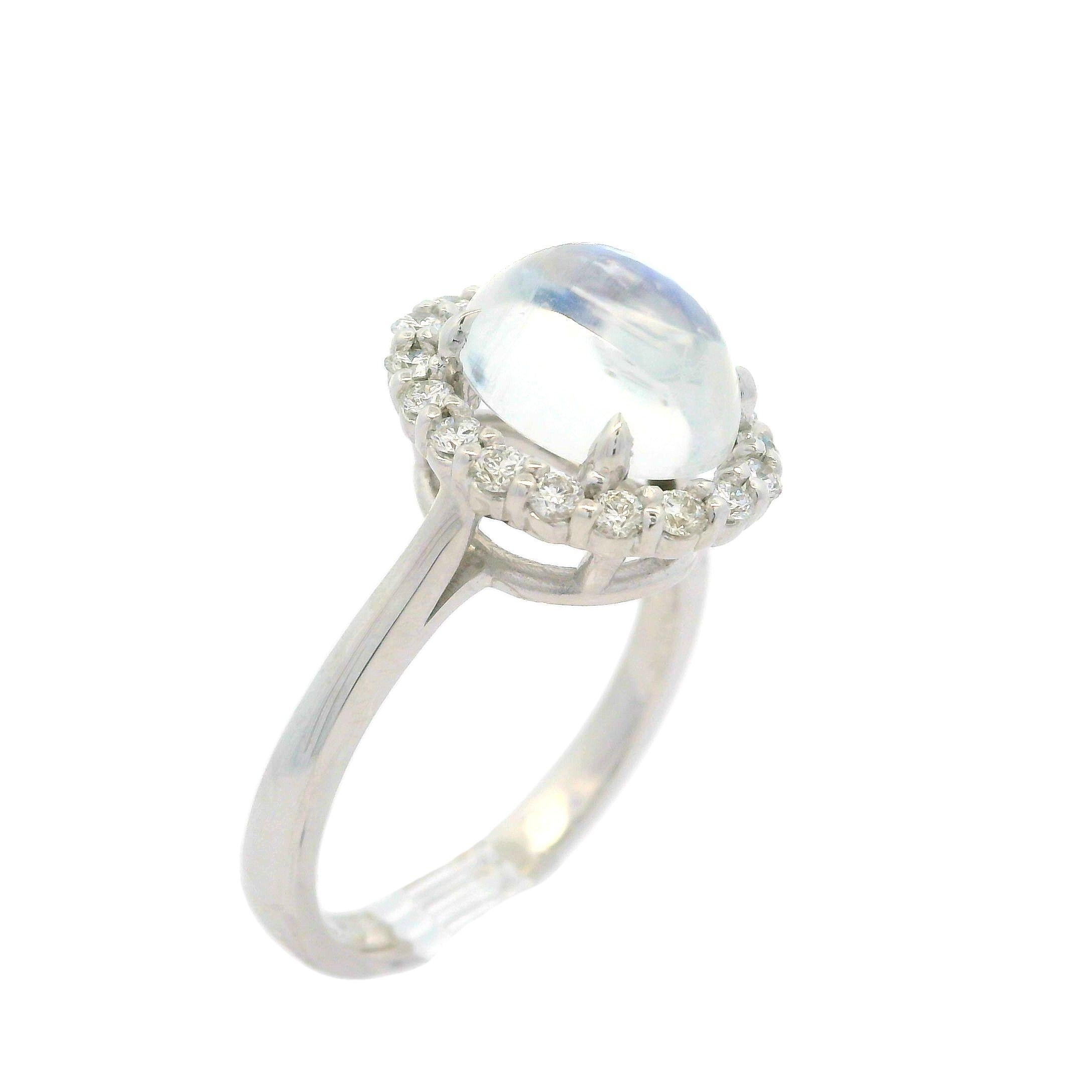 Neue solide 14k Weißgold 3,1ctw Oval Blau Mondstein Diamant Halo Ring im Zustand „Neu“ im Angebot in Montclair, NJ