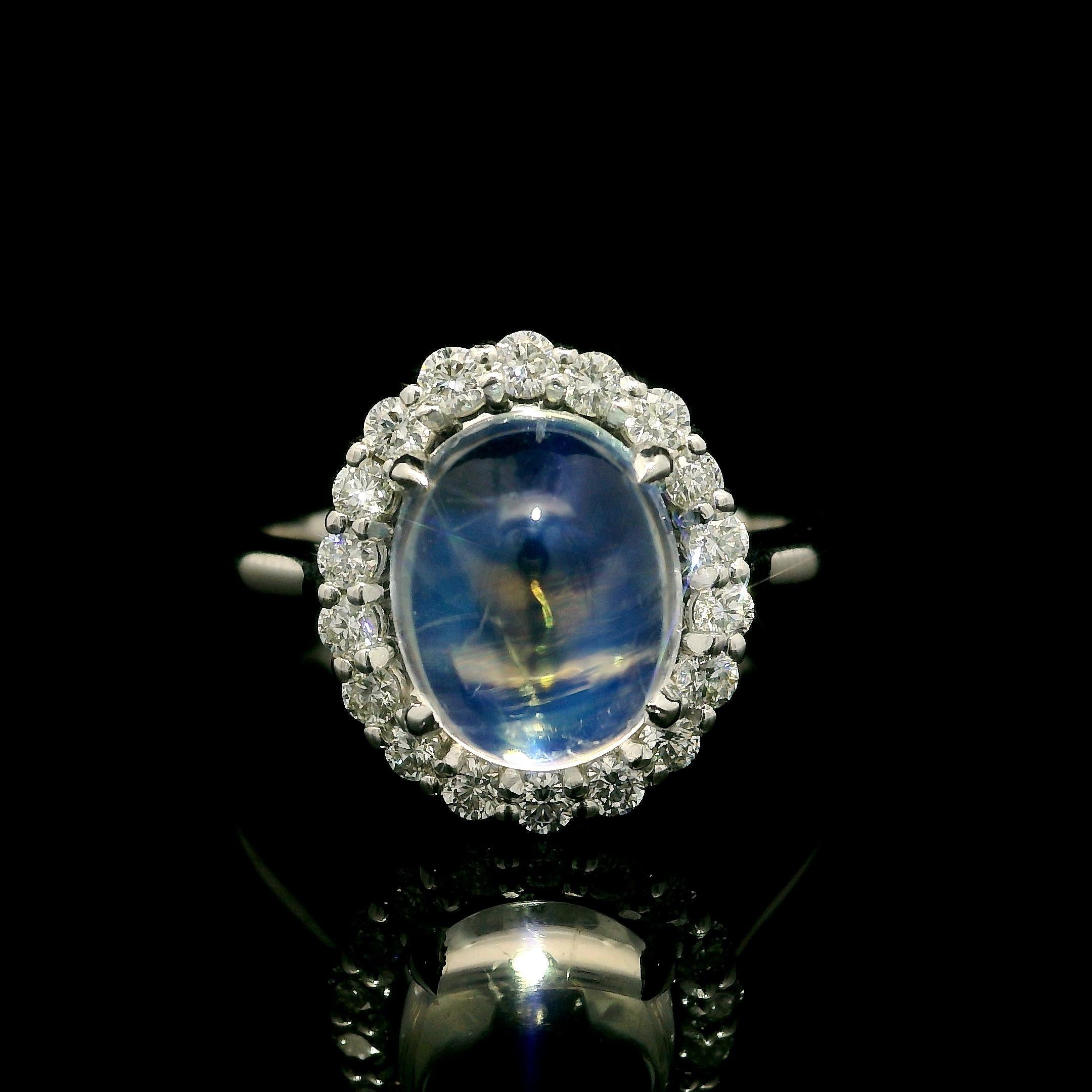 Neue solide 14k Weißgold 3,1ctw Oval Blau Mondstein Diamant Halo Ring im Angebot 2