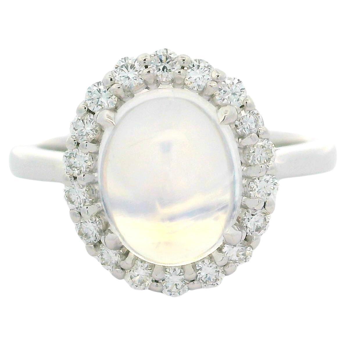 New Solid 14k White Gold 3.1ctw Oval Blue Moonstone Diamond Halo Ring