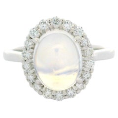 Neue solide 14k Weißgold 3,1ctw Oval Blau Mondstein Diamant Halo Ring
