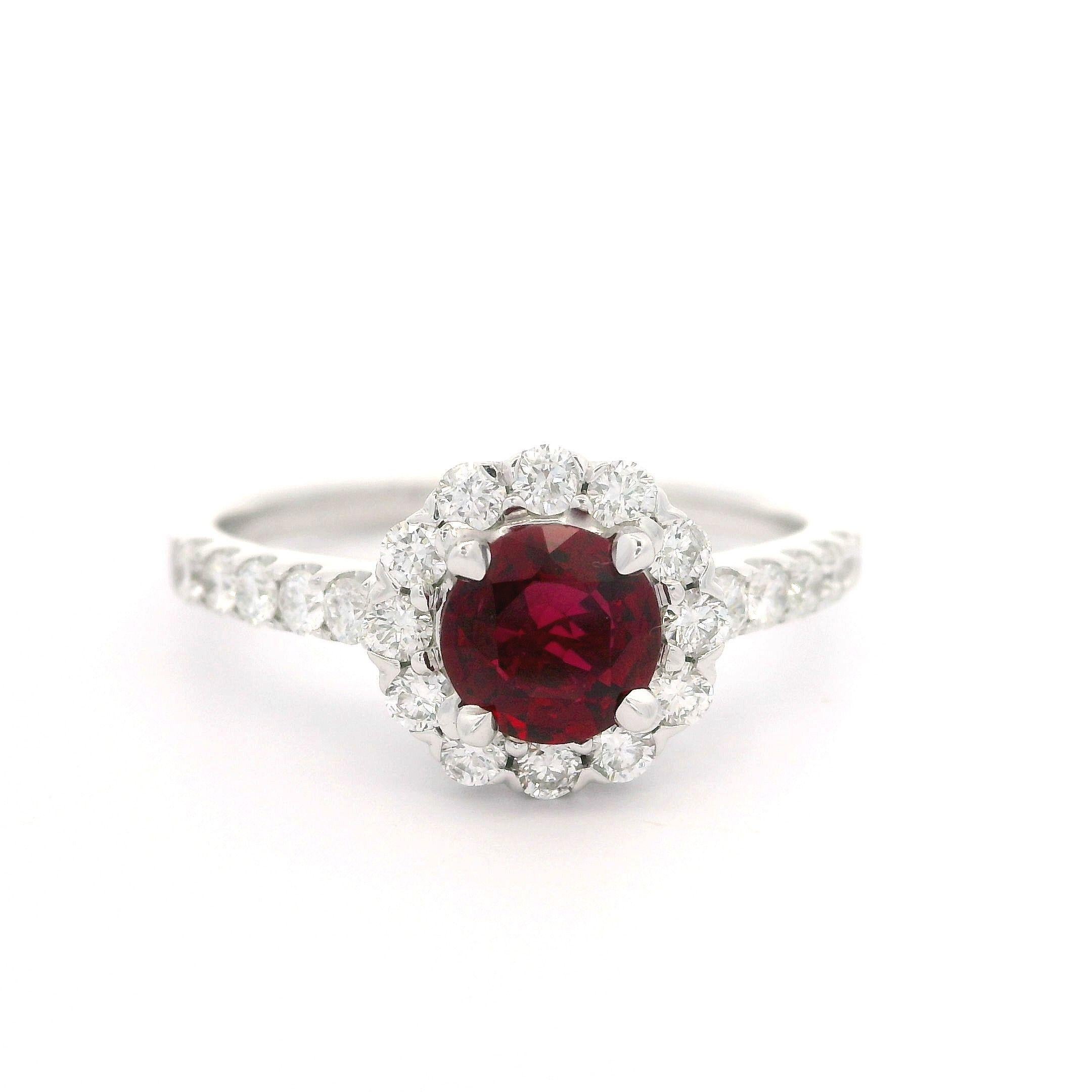 Neue solide 14k Weißgold GIA 1,22ctw Runde Brillant Rubin Diamant Halo Ring im Angebot 7