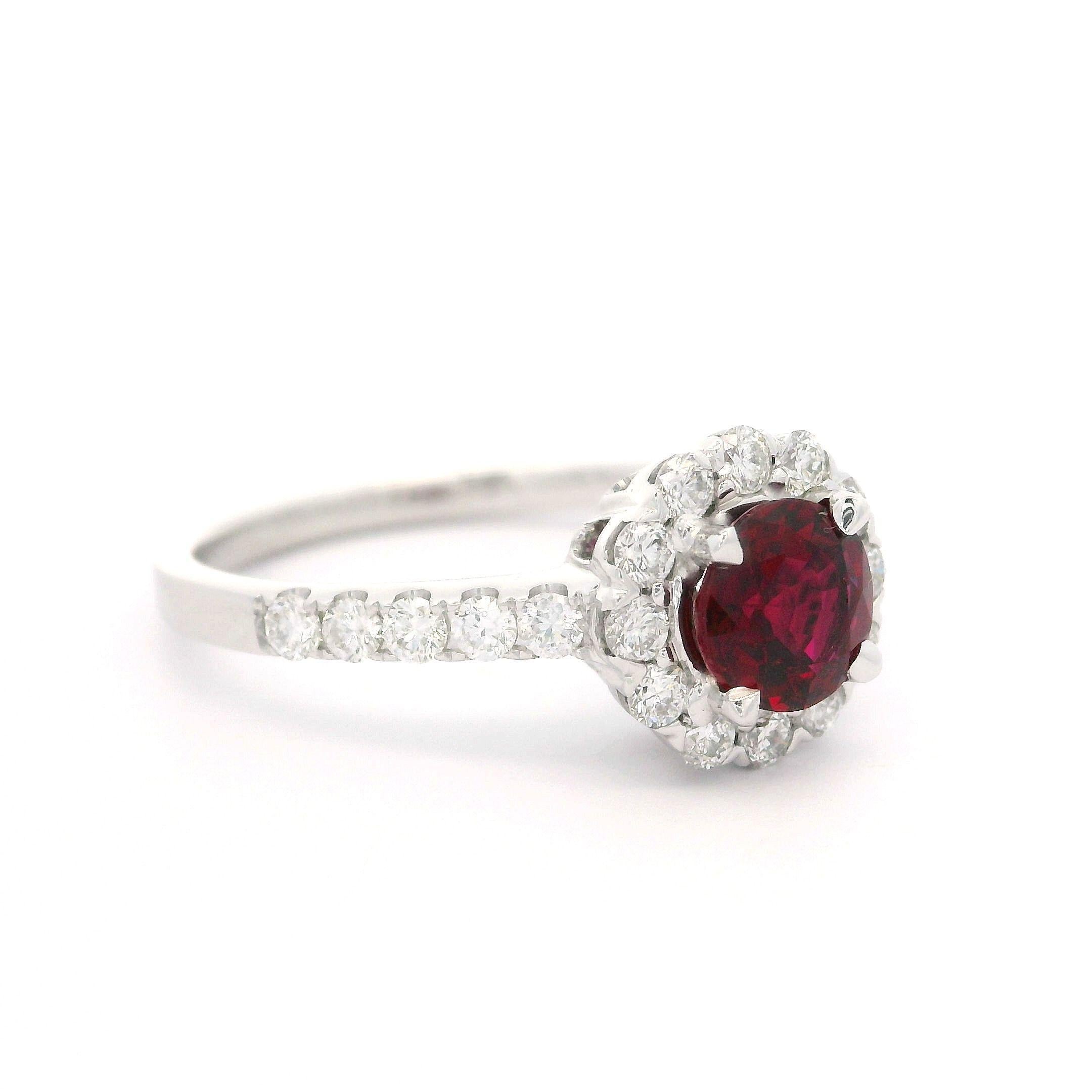 Neue solide 14k Weißgold GIA 1,22ctw Runde Brillant Rubin Diamant Halo Ring im Angebot 8