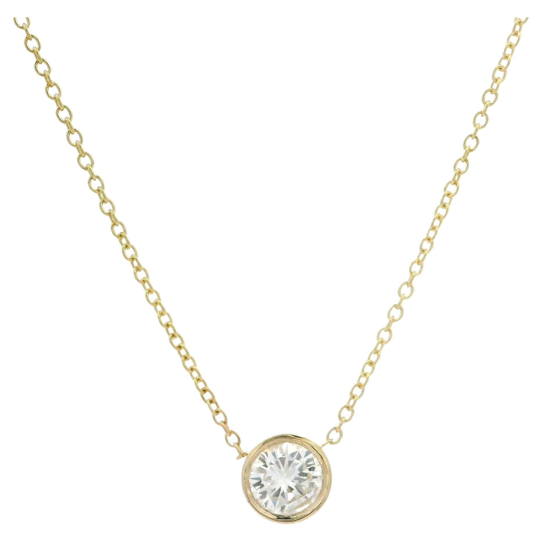 New Solid 14k Yellow Gold 0.42ct Round Bezel Diamond Solitaire Pendant Necklace