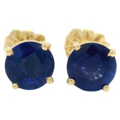 NEW Solid 14k Yellow Gold 1.71ctw Royal Blue Sapphire 6mm Classic Stud Earrings