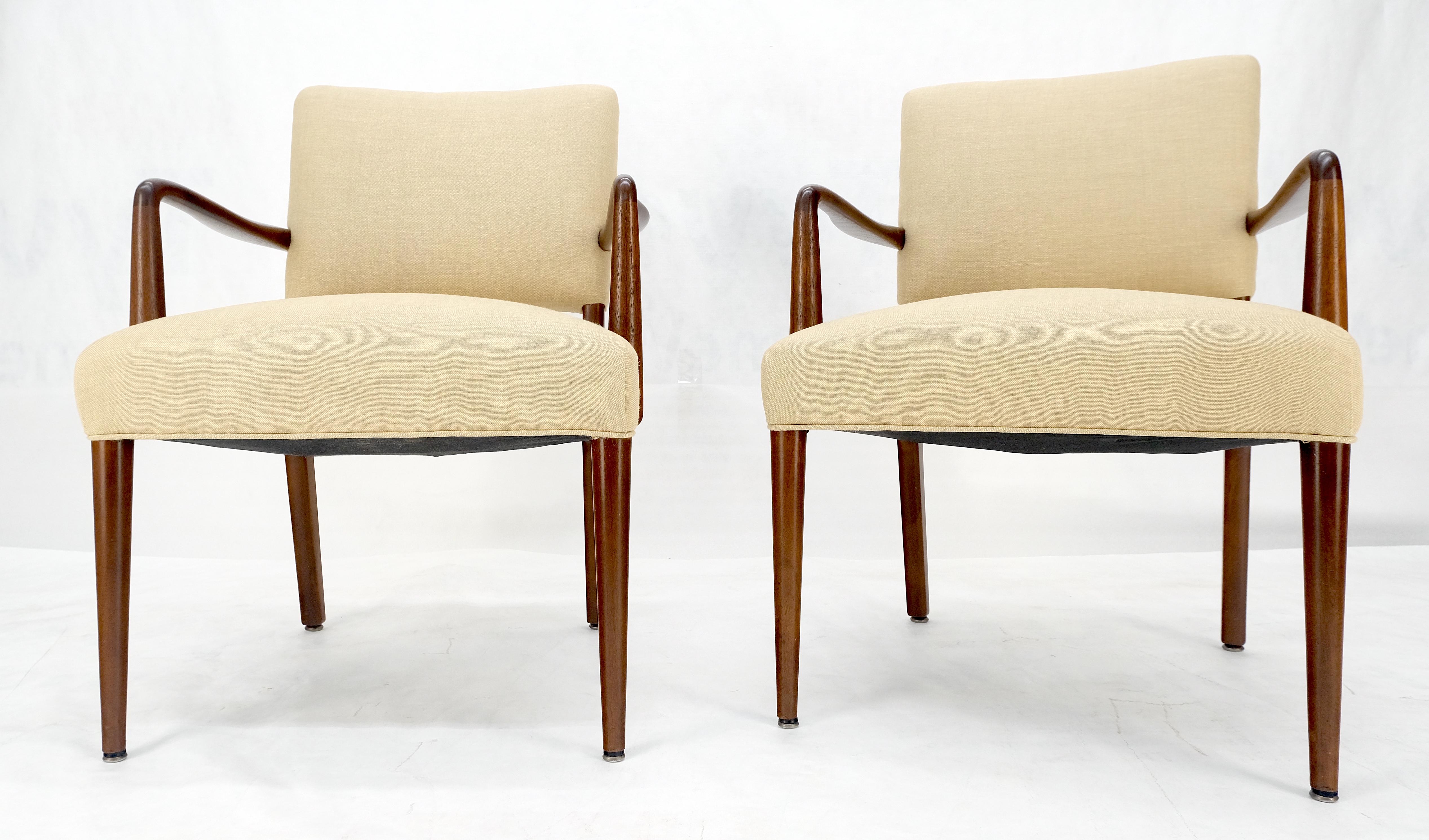 20ième siècle New Solid Linen Upholstery Walnut c1960s Arm Chairs Risom Style Restored MINT en vente