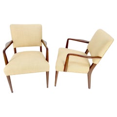New Solid Linen Upholstery Walnut c1960s Arm Chairs Risom Style Restored MINT