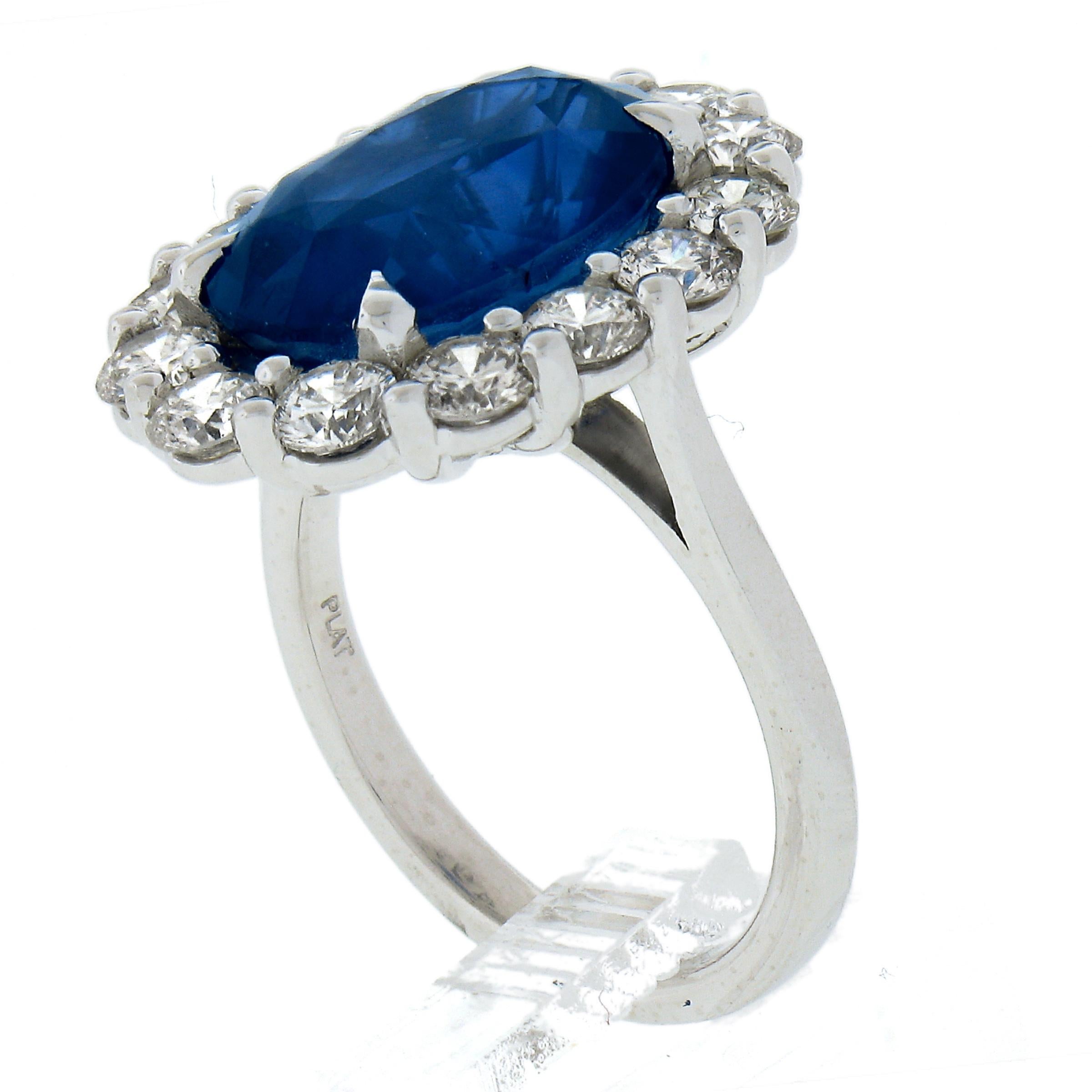 New Solid Platinum 10.24ctw GIA Oval Blue Sapphire & Round Diamond Halo Ring For Sale 3
