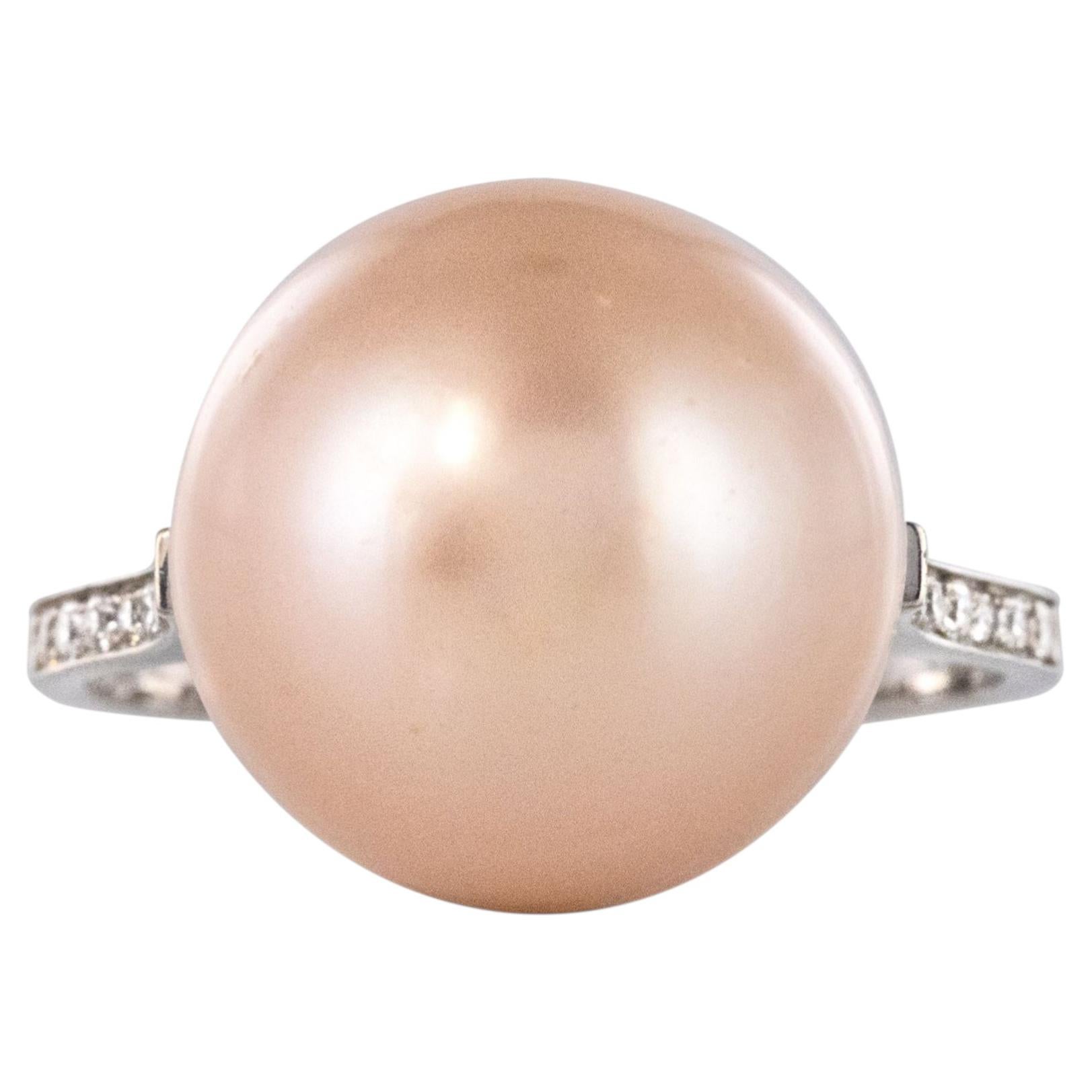 New South Sea Pink Cultured Pearl Diamond 18 Karat White Gold Ring For Sale