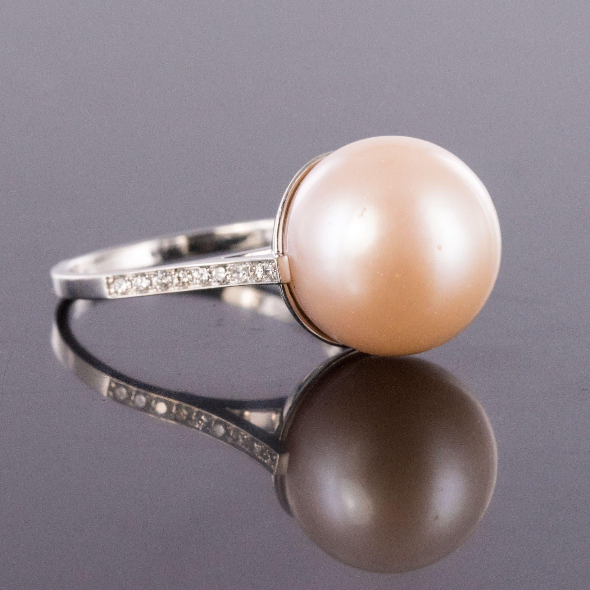 Bead New South Sea Pink Cultured Pearl Diamond 18 Karat White Gold Ring For Sale