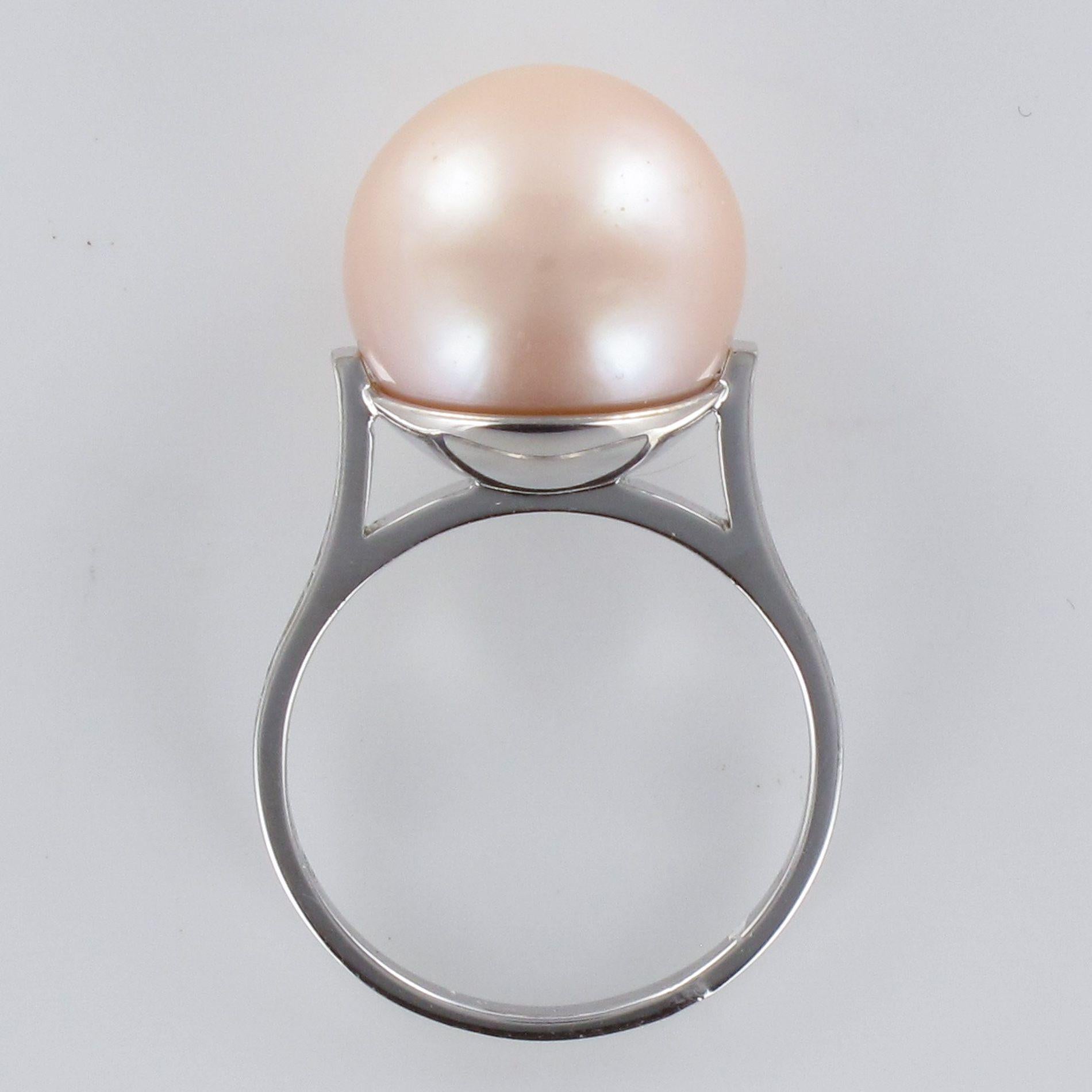New South Sea Pink Cultured Pearl Diamond 18 Karat White Gold Ring For Sale 5