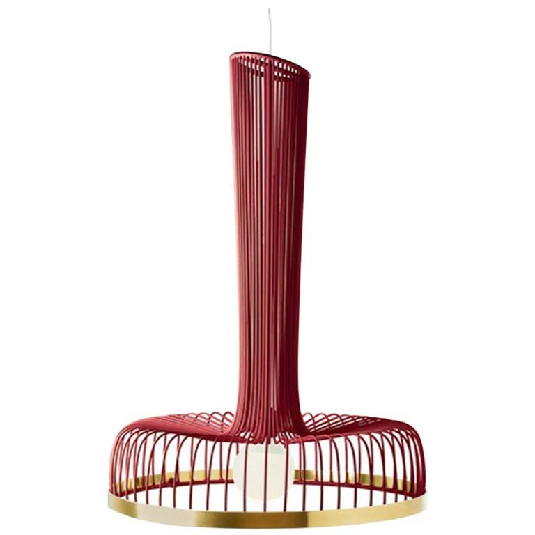 Lampada a sospensione New Spider II di ispirazione Art Deco contemporanea in ottone e rosso