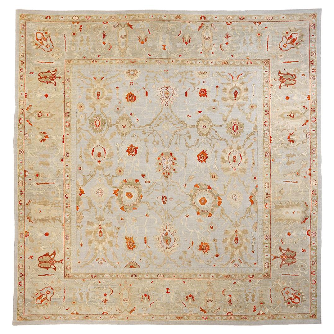 New Square Persian Oushak Style Rug with Red and Beige Floral Details For Sale