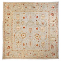 New Square Persian Oushak Style Rug with Red and Beige Floral Details
