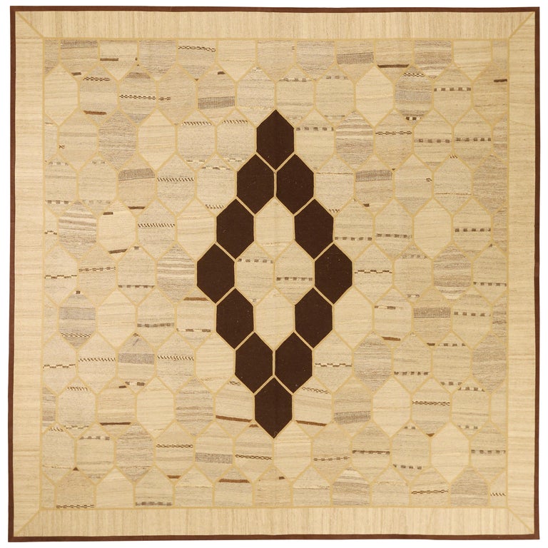 New Square Turkish Kilim Rug with Black and Gray Honeycomb Pattern For ...