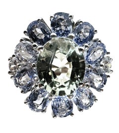 New Sri Lanka 13-Stone  8 Ct Pale Green & Cornflower Blue Sapphire Sterling Ring