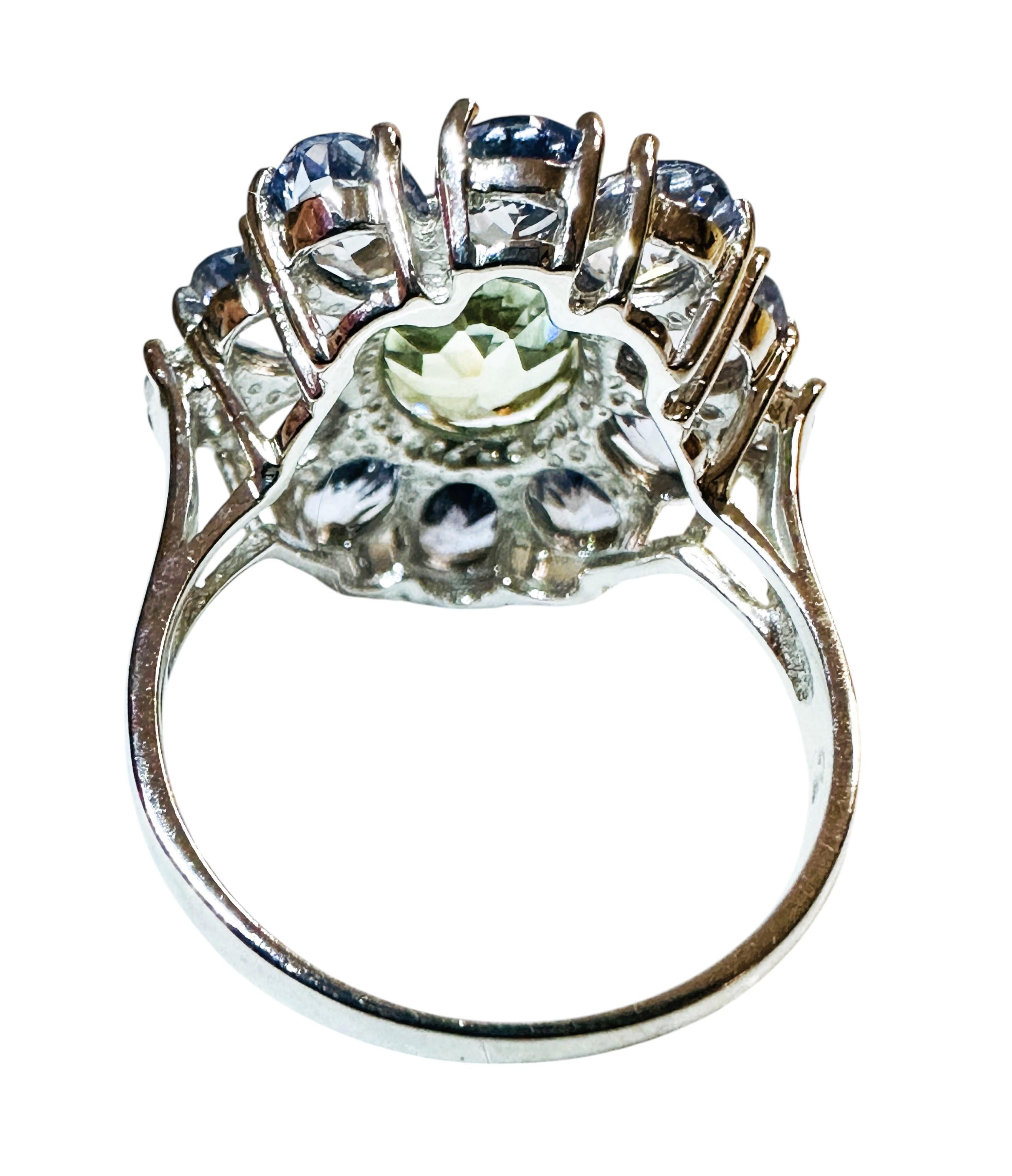 Art Deco New Sri Lanka 13-Stone  8 Ct Pale Green & Cornflower Blue Sapphire Sterling Ring